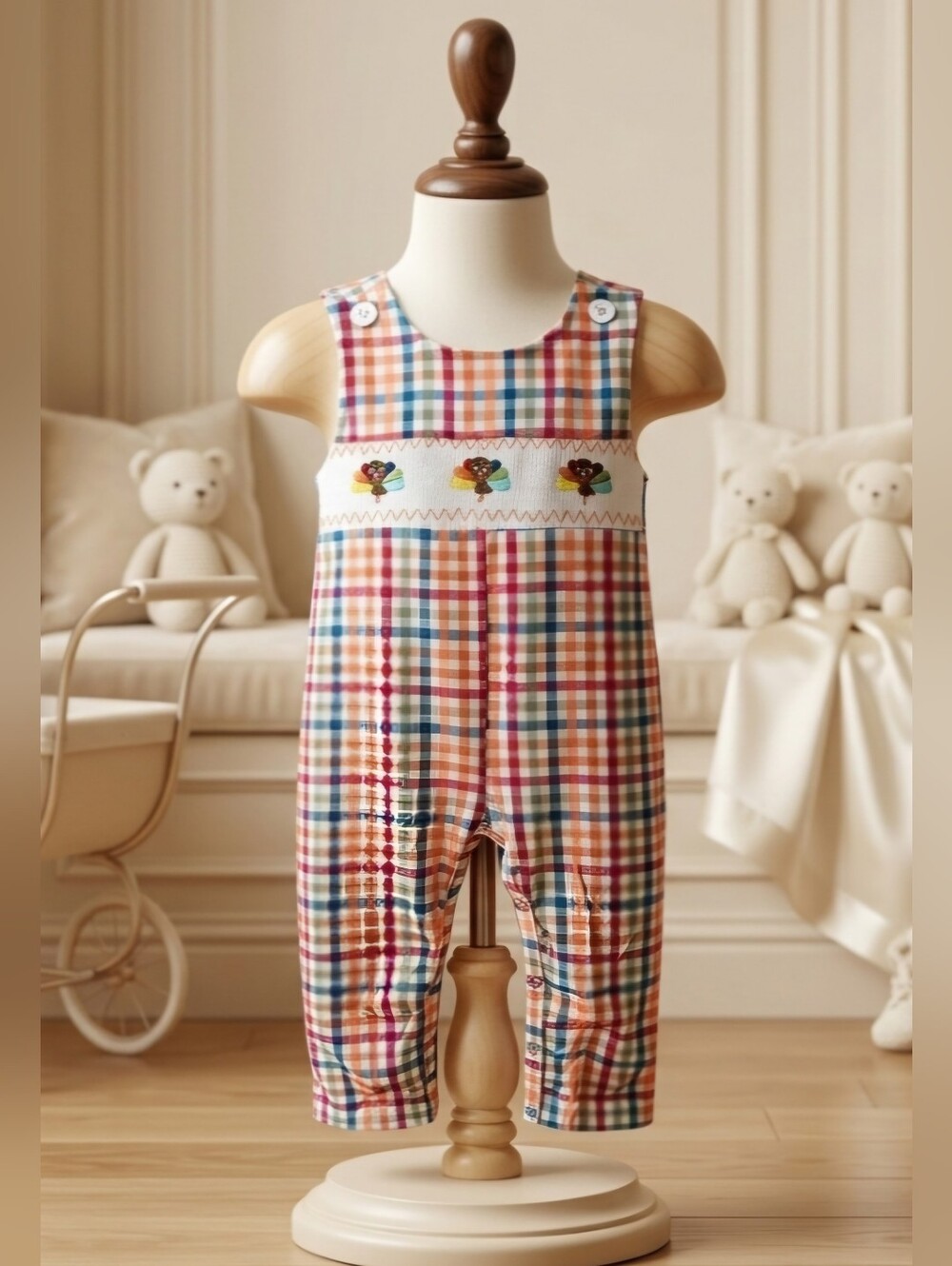 Fall Plaid Turkey Smocked Jon Jon by Rylee Faith Designs – Sizes 6M